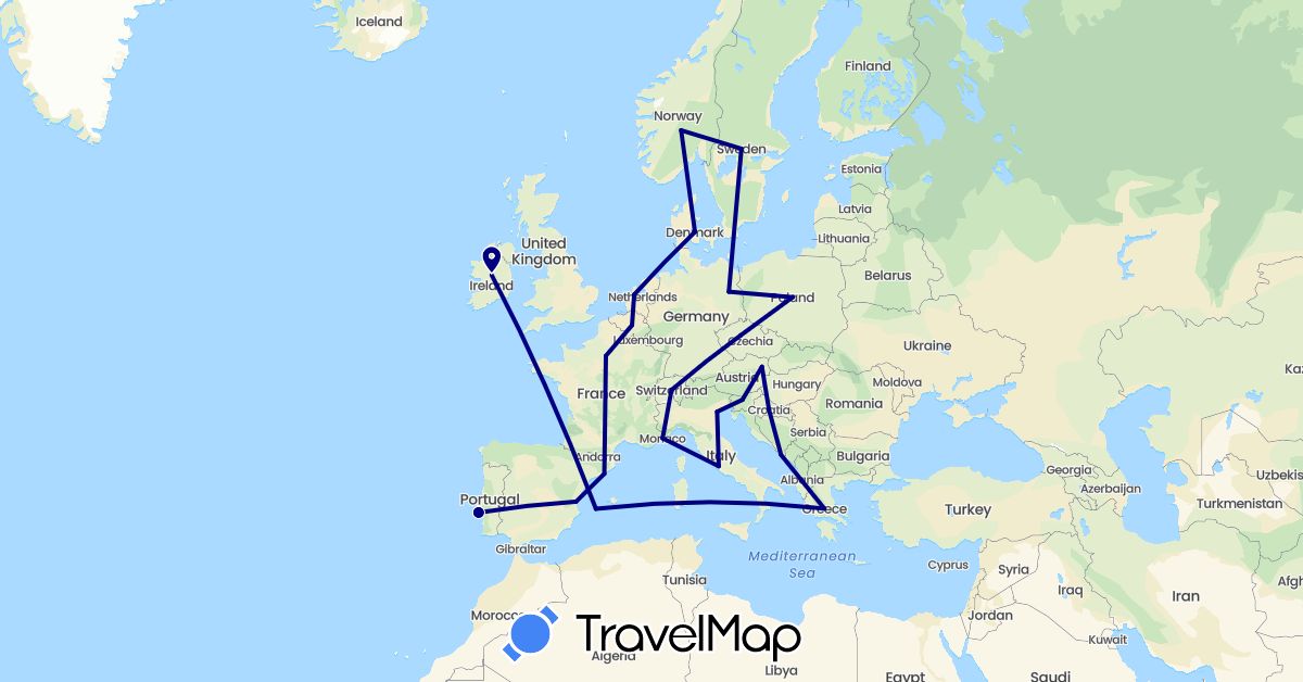TravelMap itinerary: driving in Austria, Belgium, Switzerland, Czech Republic, Germany, Denmark, Spain, France, Greece, Croatia, Ireland, Italy, Monaco, Netherlands, Norway, Poland, Portugal, Sweden, Slovenia (Europe)